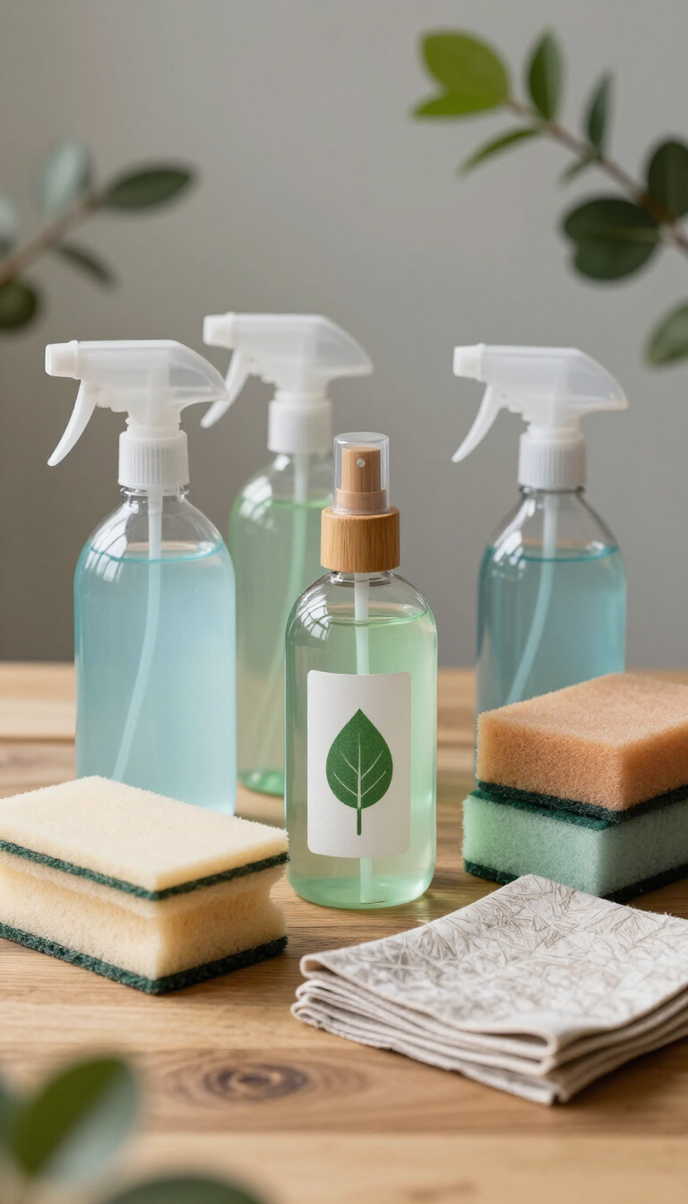 Productos de limpieza ecológicos y esponjas dispuestos sobre una mesa de madera con paños doblados.