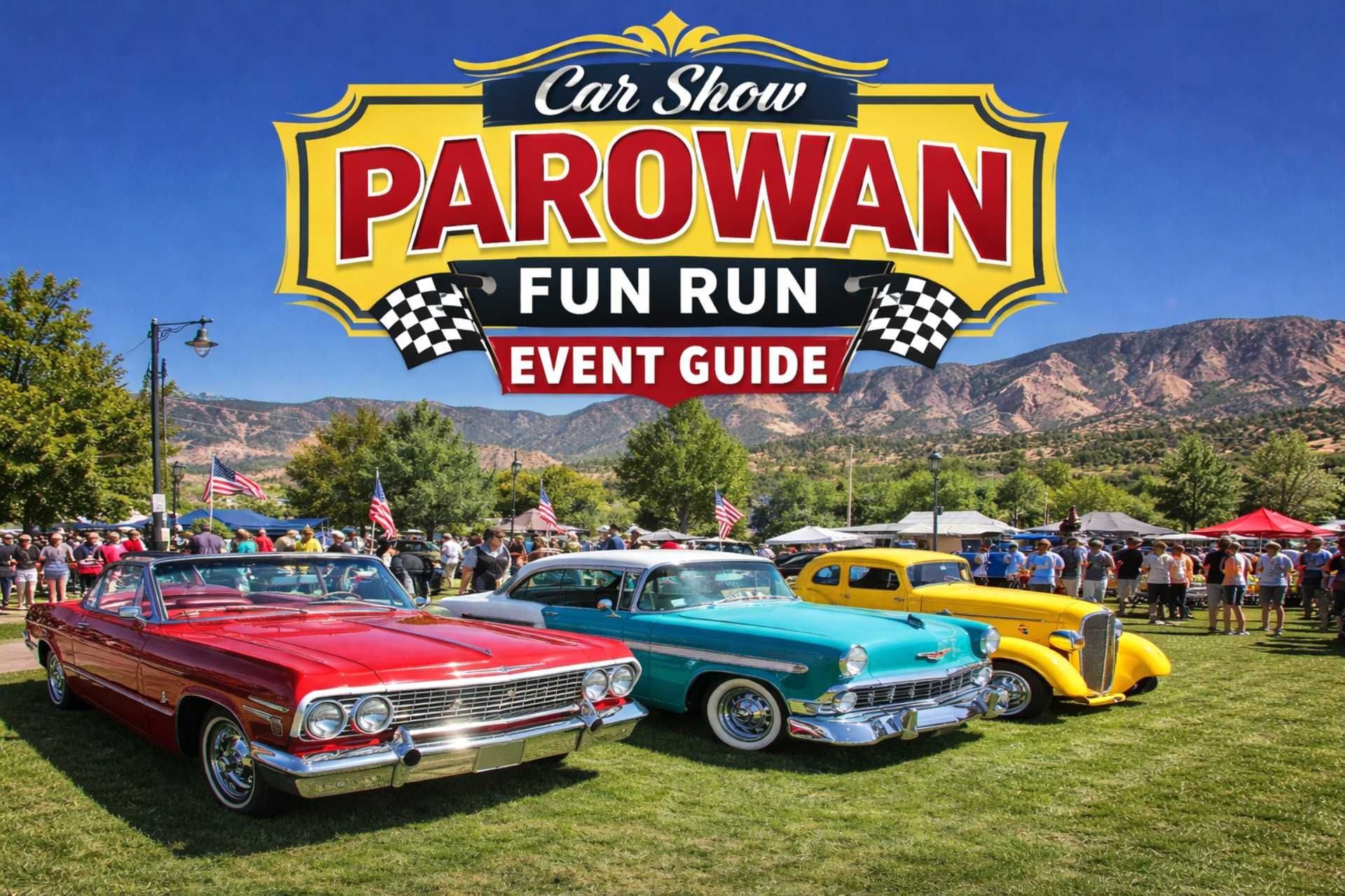 Car show event in Parowan, Utah, featuring three classic cars on grass with mountains in the background.