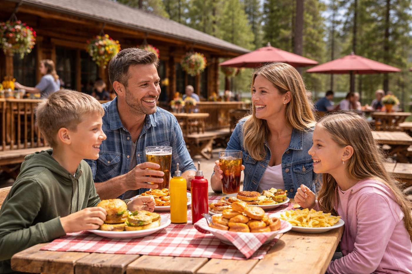 Family dining outdoors; burgers, fries, drinks on table; smiles and conversation by a cabin restaurant.