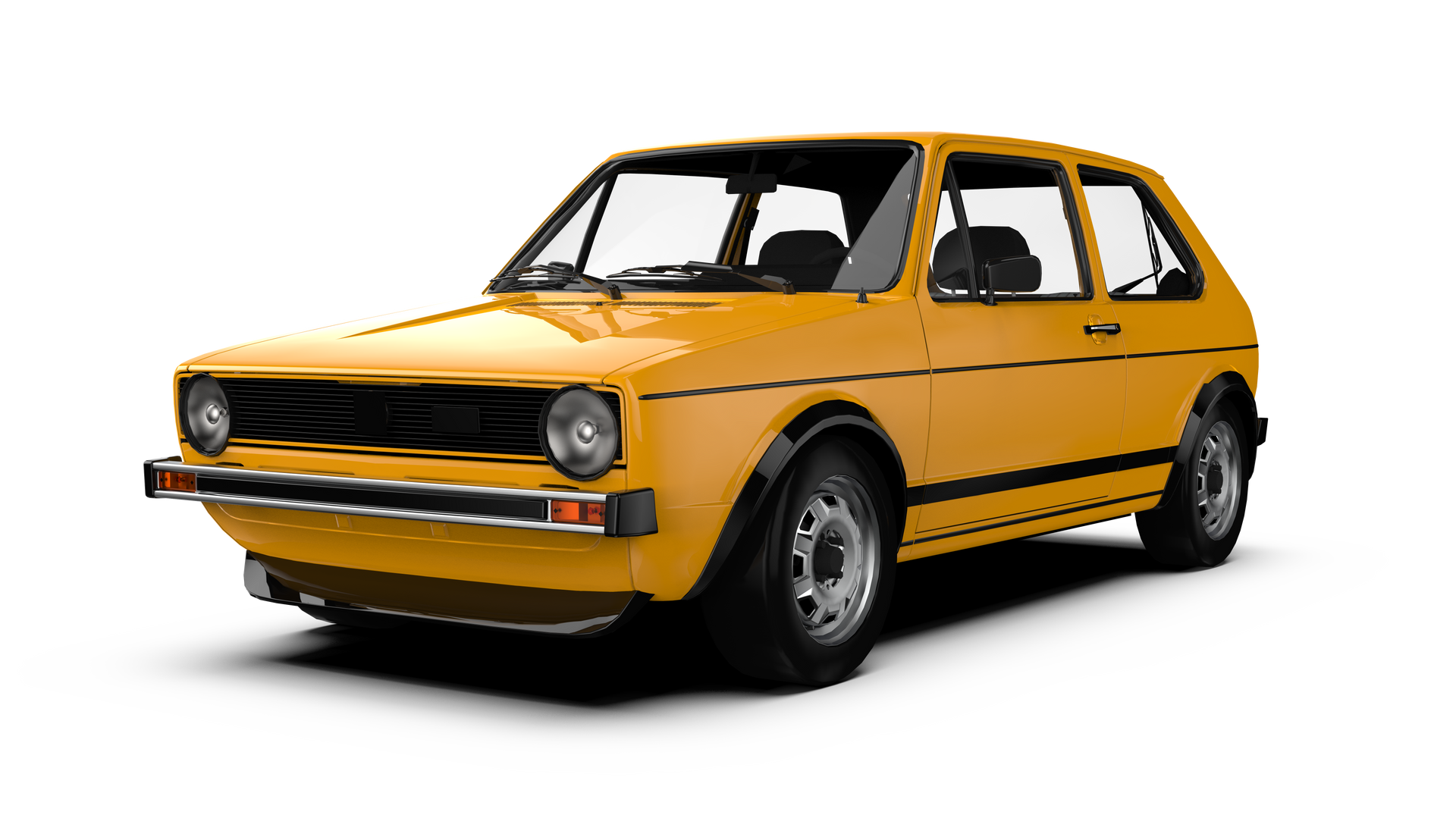 Une Volkswagen Golf Mk1 jaune à hayon vue de trois quarts avant sur fond blanc.