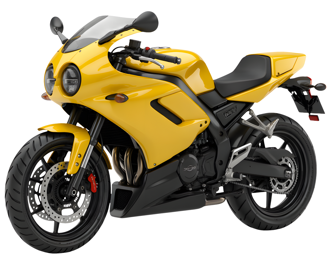 Une moto sportive jaune vif vue de trois quarts avant sur un fond blanc uni.