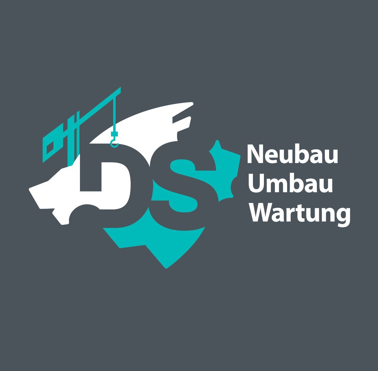 Logotipo con elementos en verde azulado y blanco; iniciales "DS", grulla, contorno de mapa, texto "Neubau Umbau Wartung" sobre fondo gris.