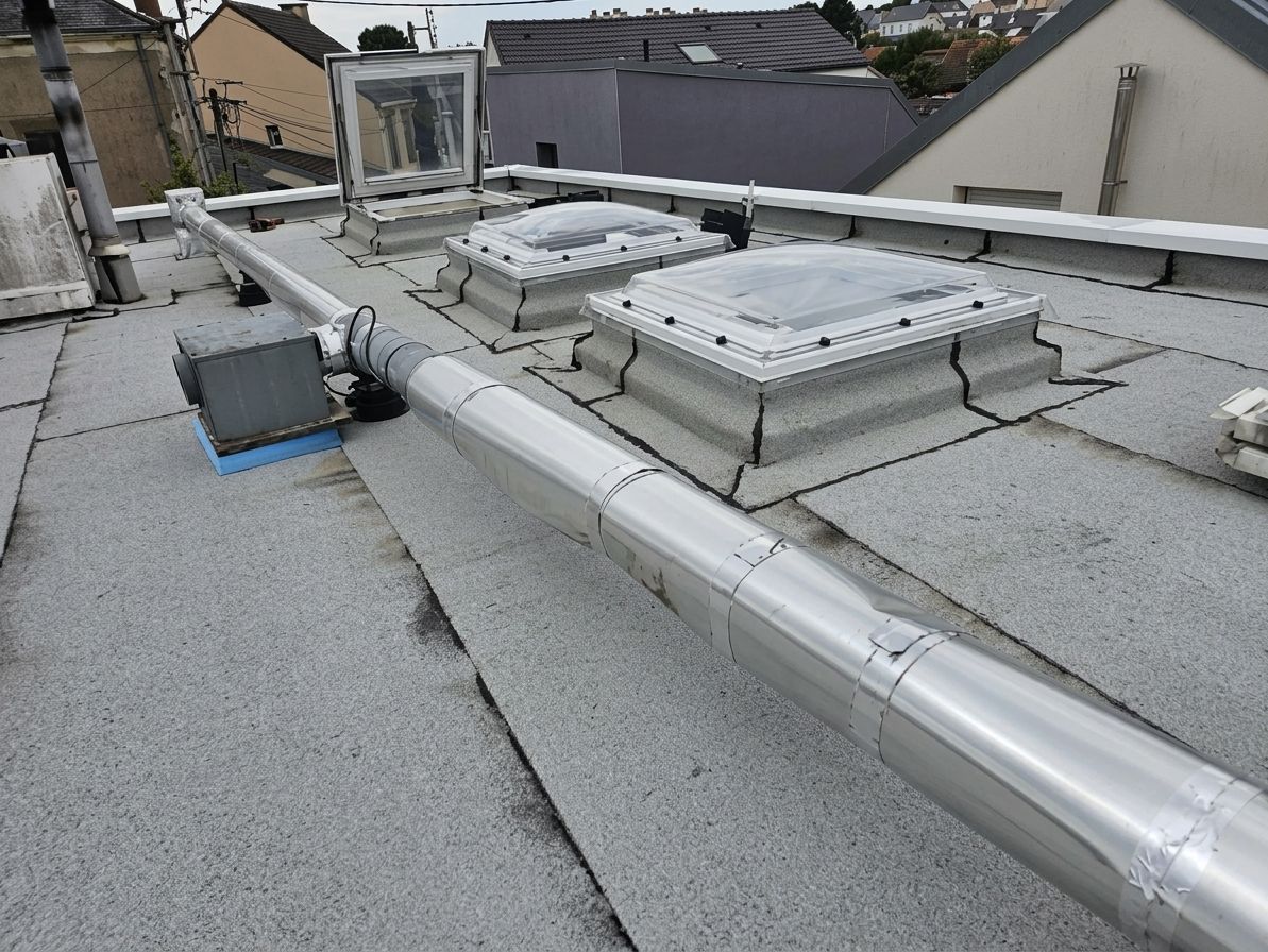 Conduits et bouches d'aération de climatisation sur un toit plat gris