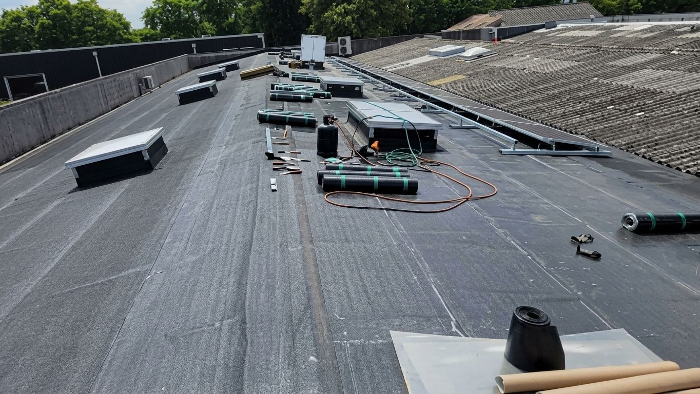 Des ouvriers installent de l'isolation et des équipements sur le toit plat