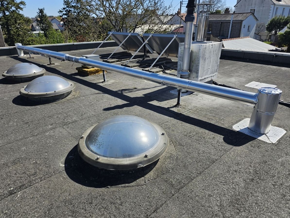 Chauffe-eau solaire sur le toit, avec deux puits de lumière en forme de dôme et des tuyaux métalliques