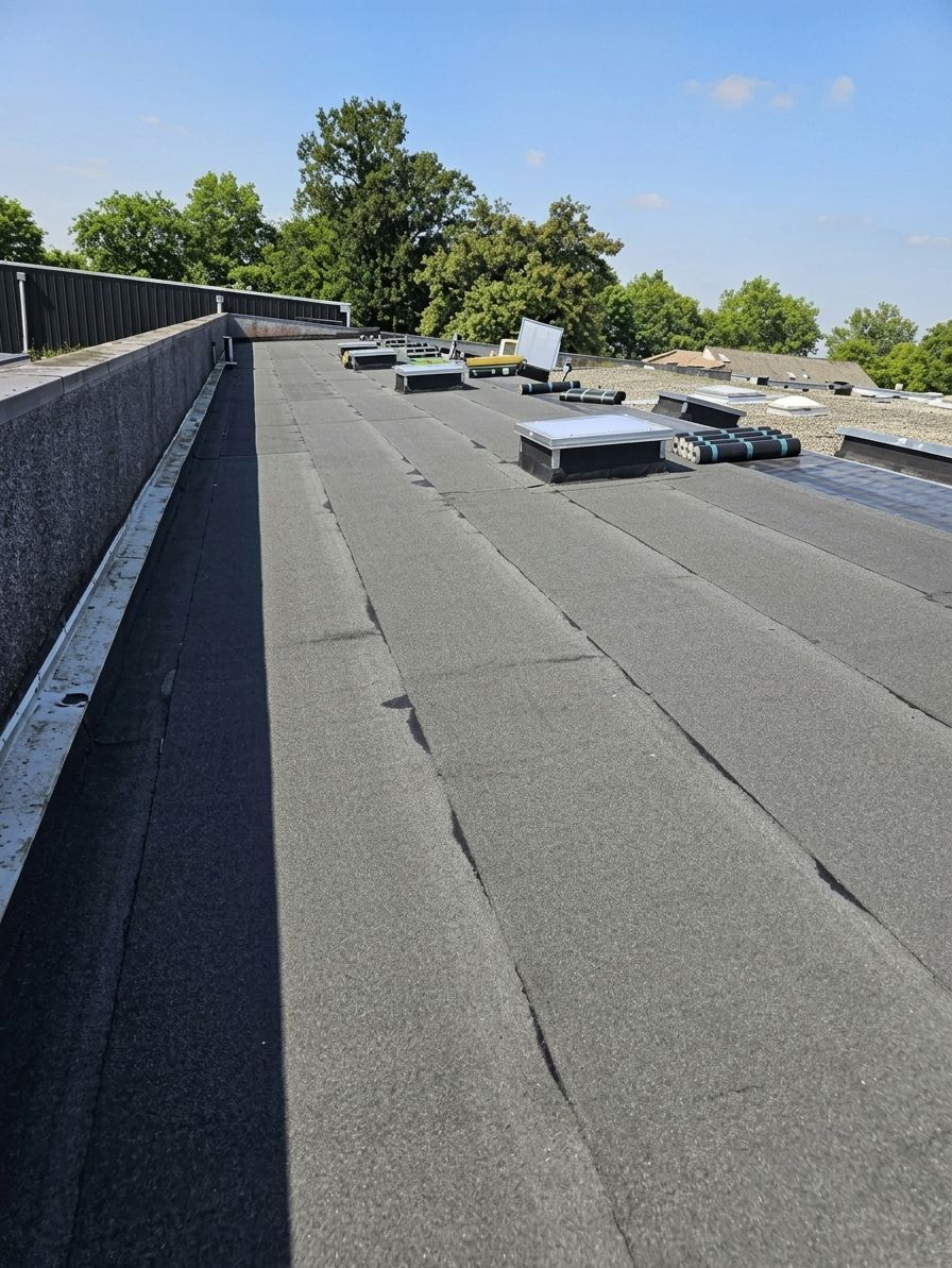 Toit plat commercial avec membrane noire, aérations et arbres sous un ciel bleu