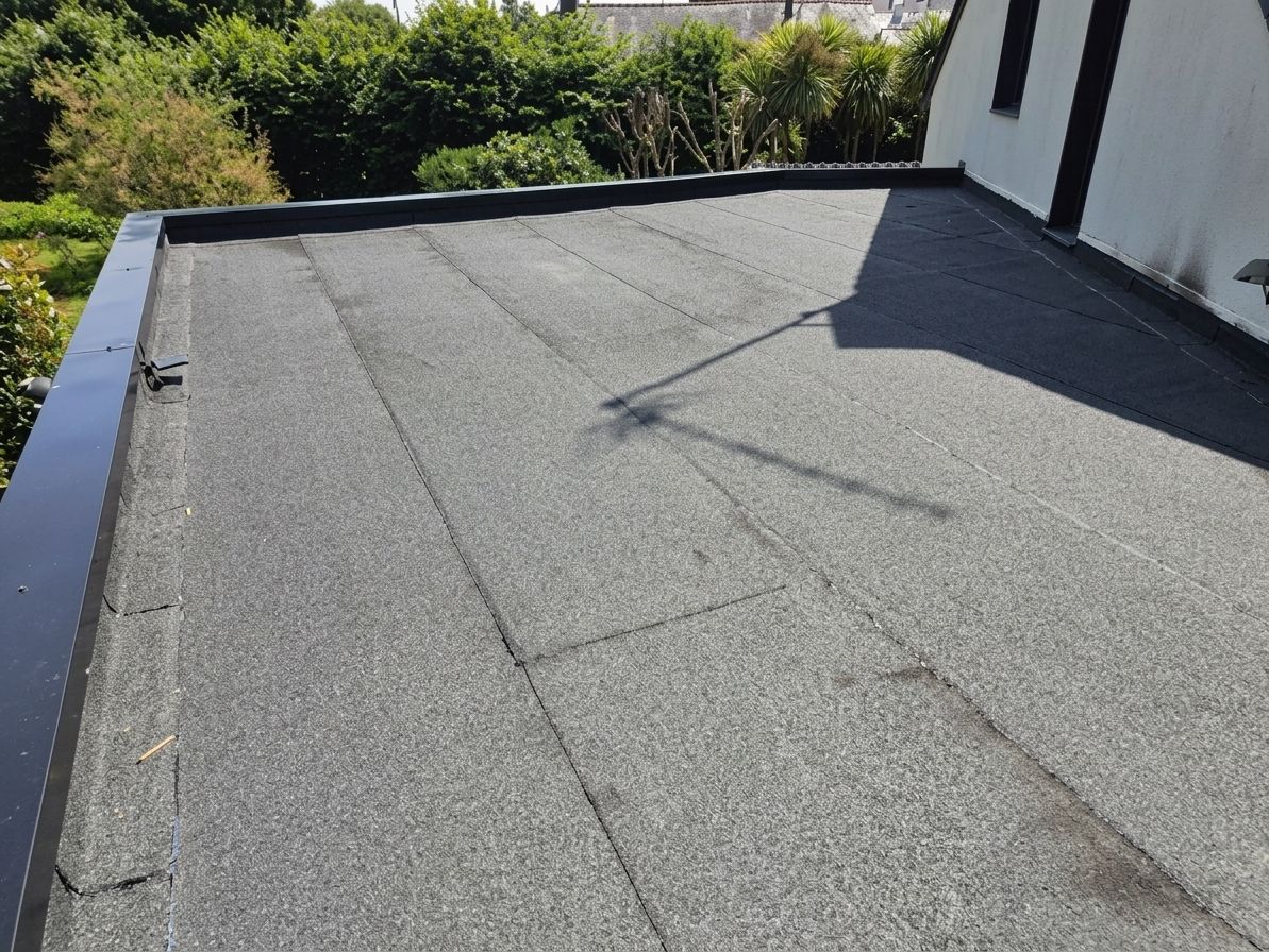 Toit plat gris avec une ombre sombre et des arbres 