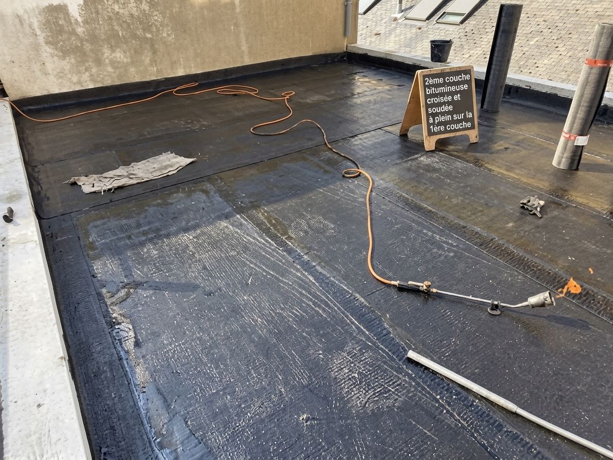 Toit plat recouvert d'une membrane noire, câbles apparents et un petit tableau 