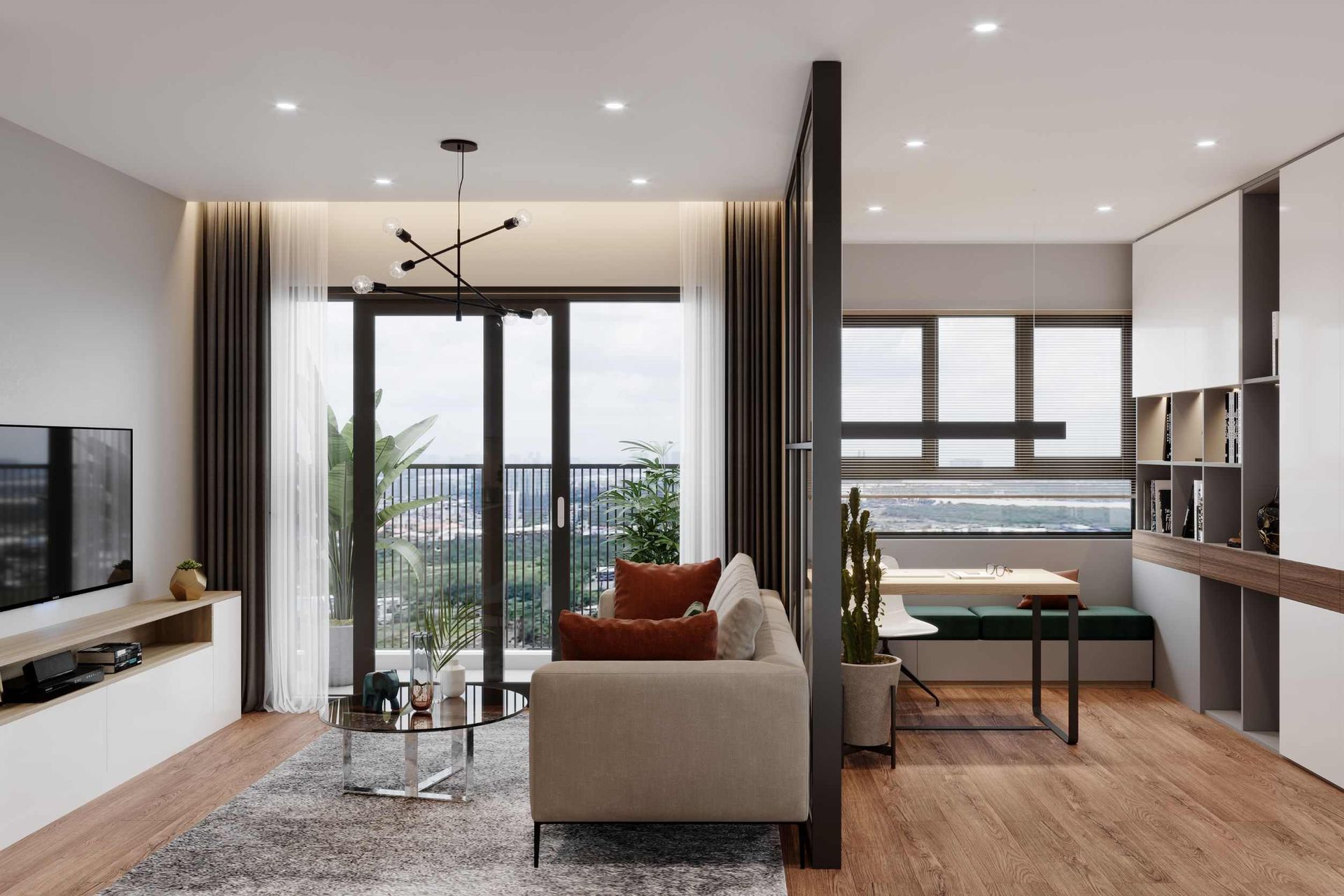 Una sala de estar con sofá, mesa, televisión y balcón.