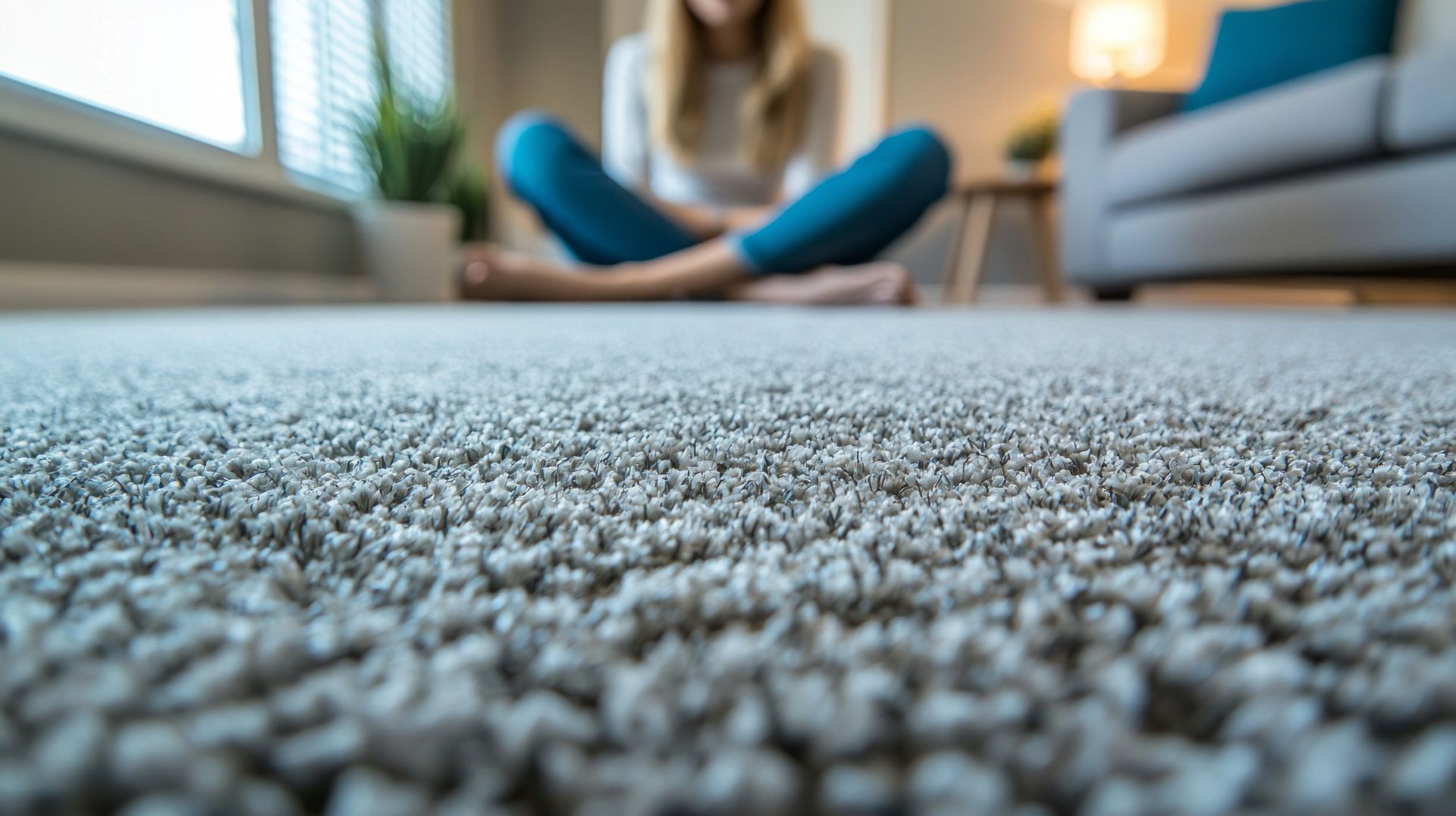 Une personne assise en tailleur sur de la moquette