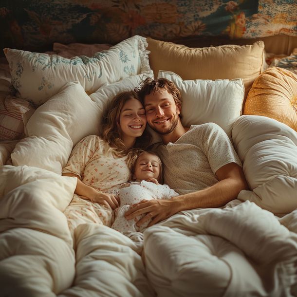 Un couple et leur enfant dans un lit