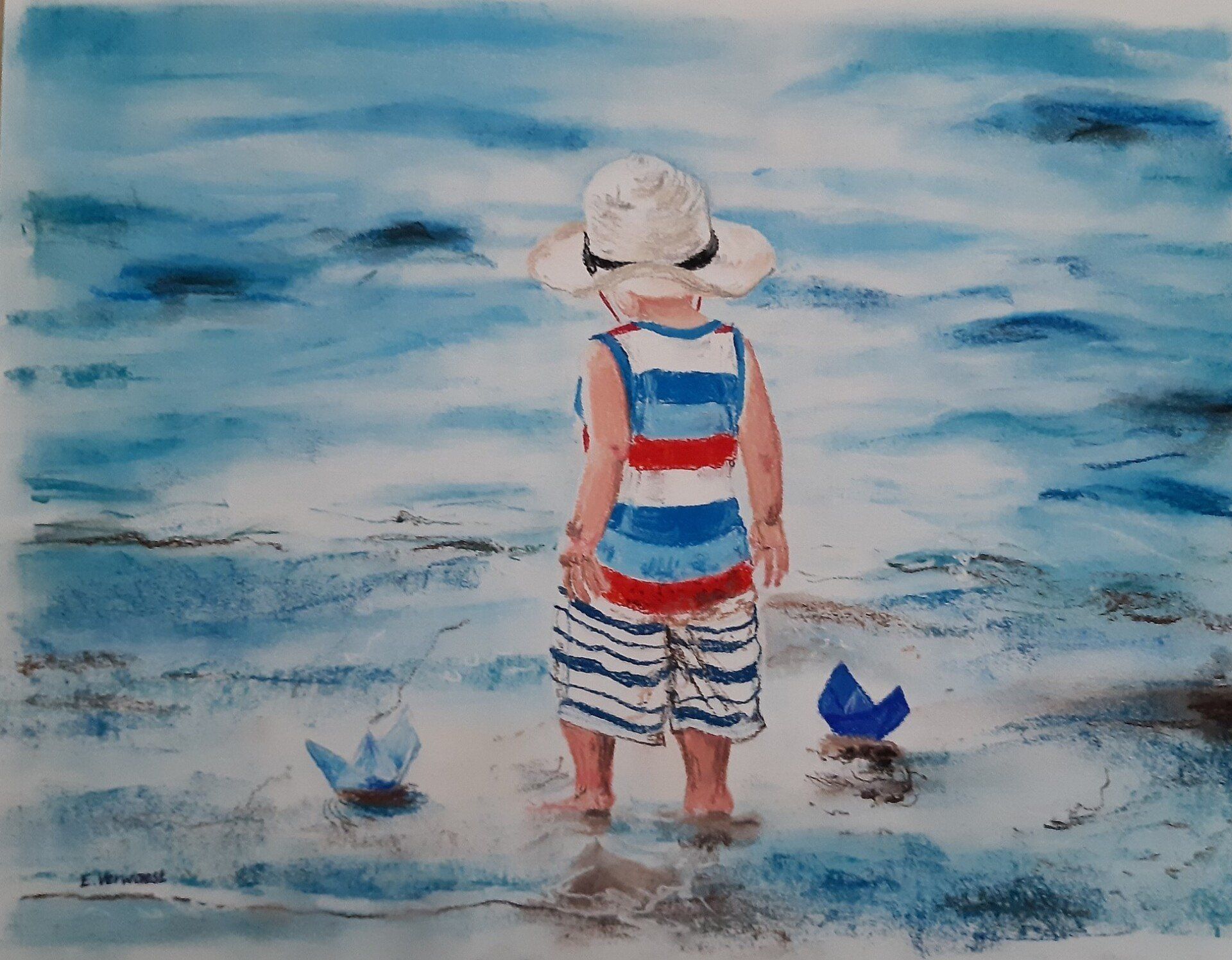 schilderij van klein jongentje in het water