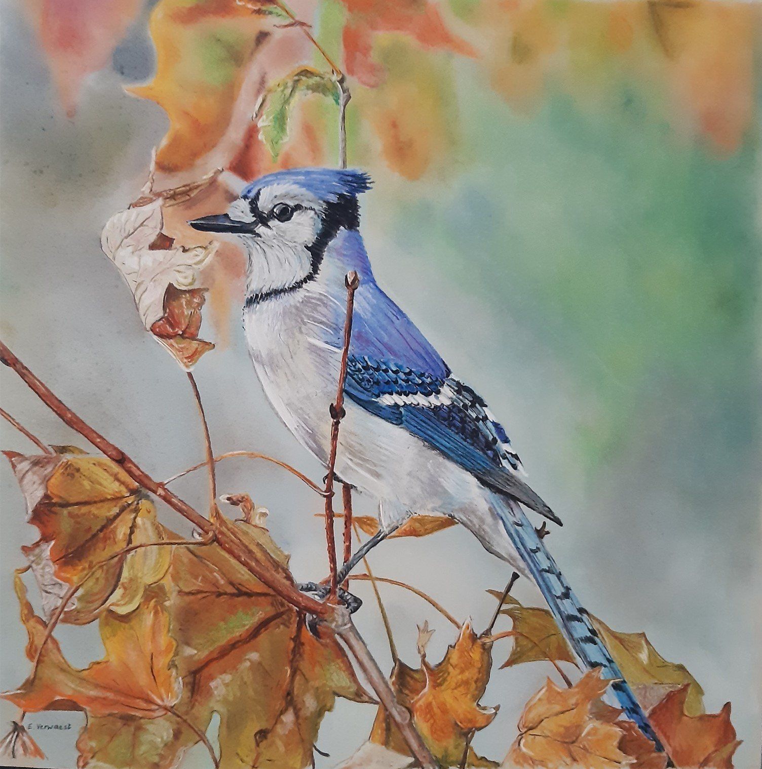 schilderij met vogeltje tussen de takken