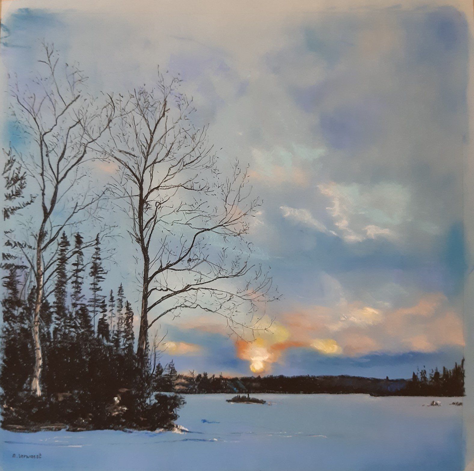 schilderij van uitzicht over een weide met sneeuw