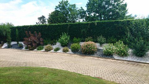 Un parterre de jardin soigné, orné d'arbustes verts et violets variés et de pierres décoratives blanches, jouxte une allée pavée.