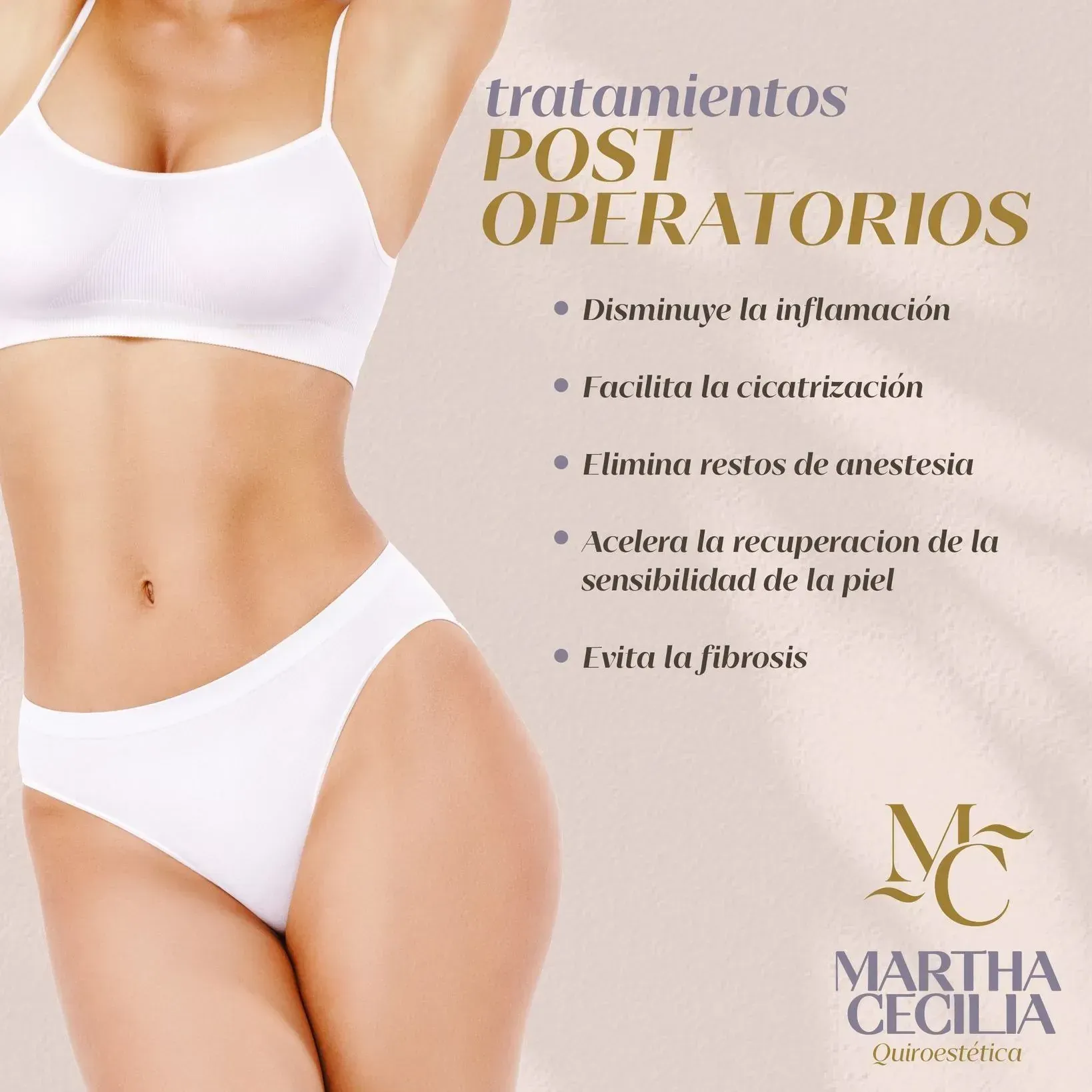 Anuncio de tratamientos postoperatorios, que presenta a una mujer en ropa interior blanca con texto y un logotipo.