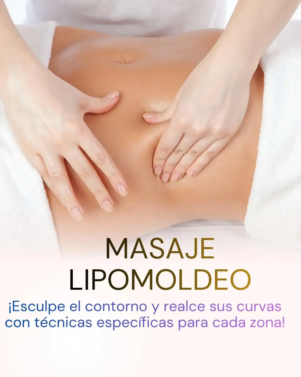 Mujer realizando un tratamiento de contorno corporal con un dispositivo manual en el abdomen de un cliente.