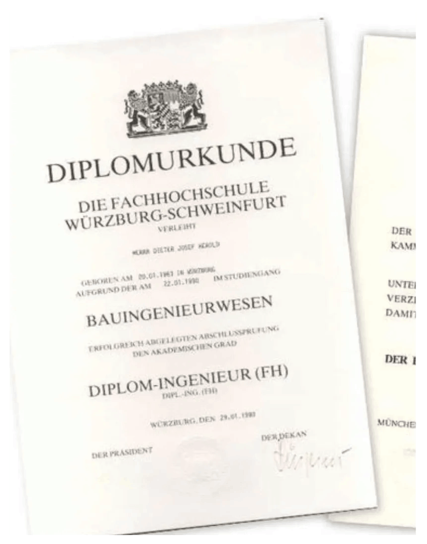 Bauunternehmen Herold, Diplomurkunde der Fachhochschule Würzburg-Schweinfurt
