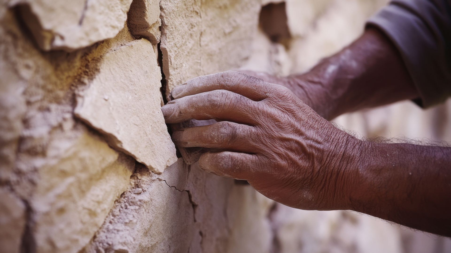 Mains plaçant une pierre dans un mur de pierre.