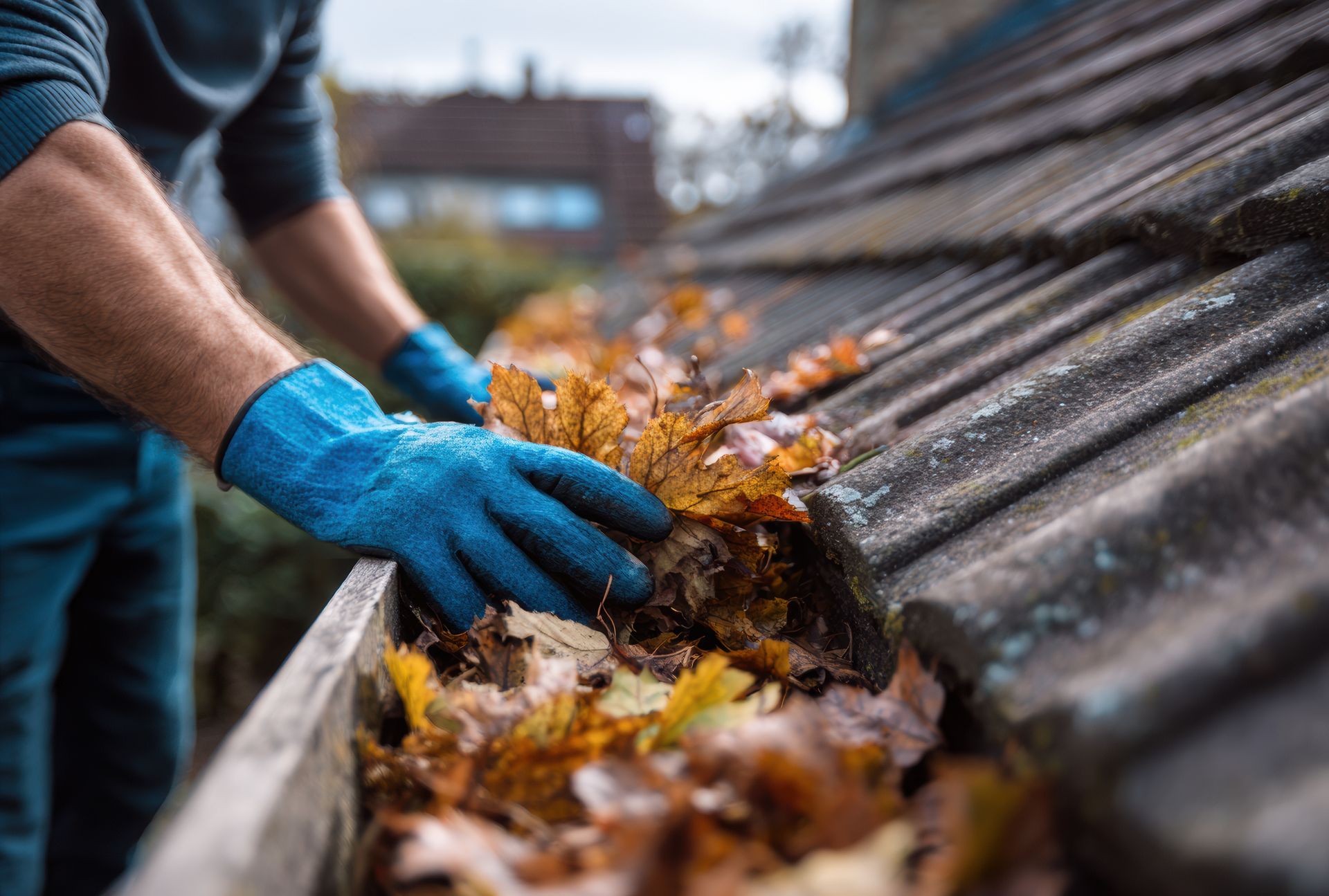 Une personne portant des gants bleus nettoie les feuilles tombées d'une gouttière sur un toit.