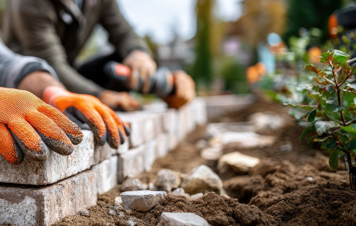 Des mains gantées orange posent des bordures en briques dans un jardin, avec des plantes en arrière-plan.