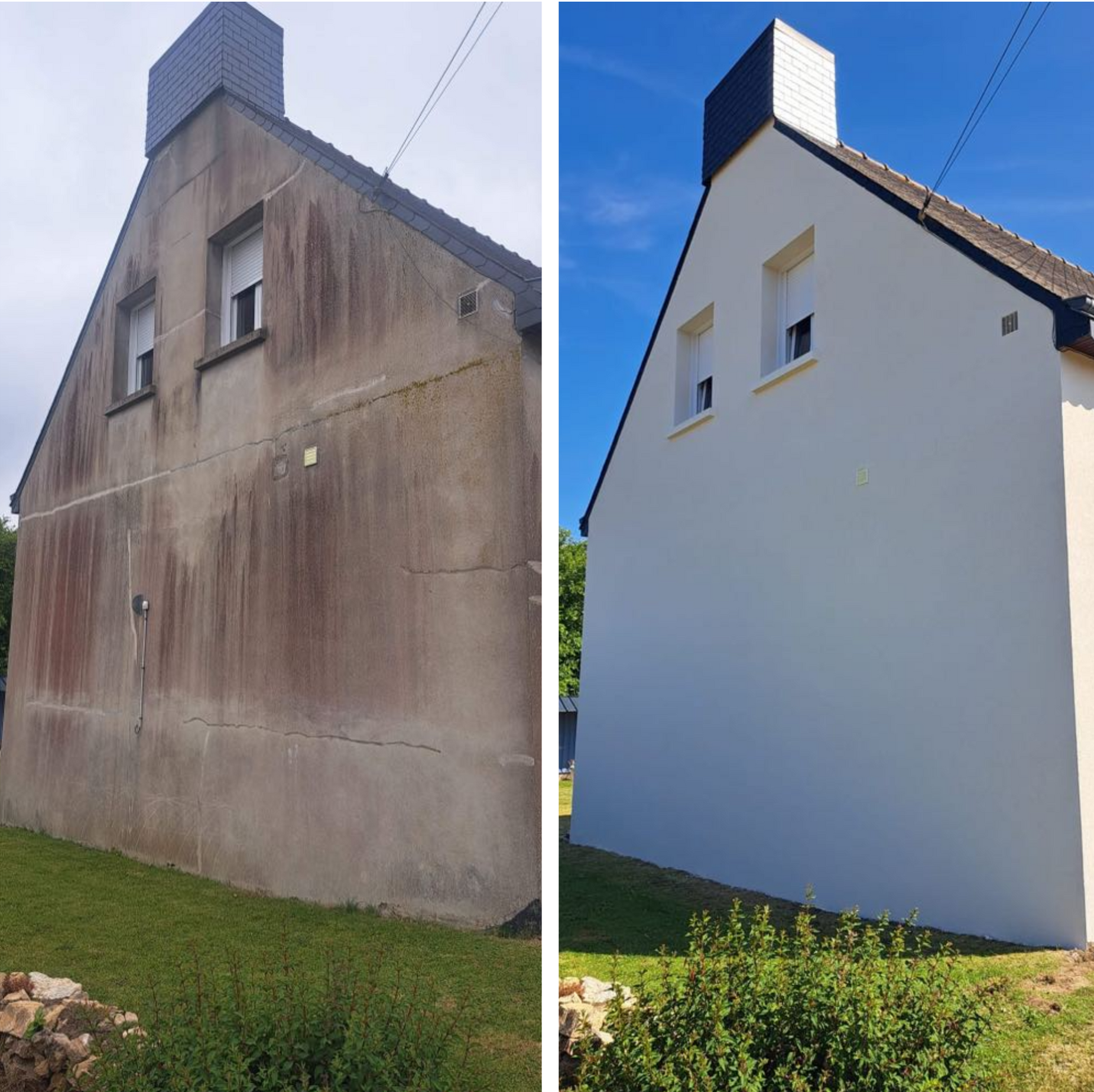 Avant et après la peinture extérieure de la maison, montrant un mur gris terne transformé en blanc propre.