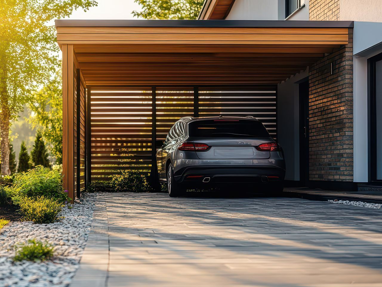 Carport en en ossature métallique et lames de bois