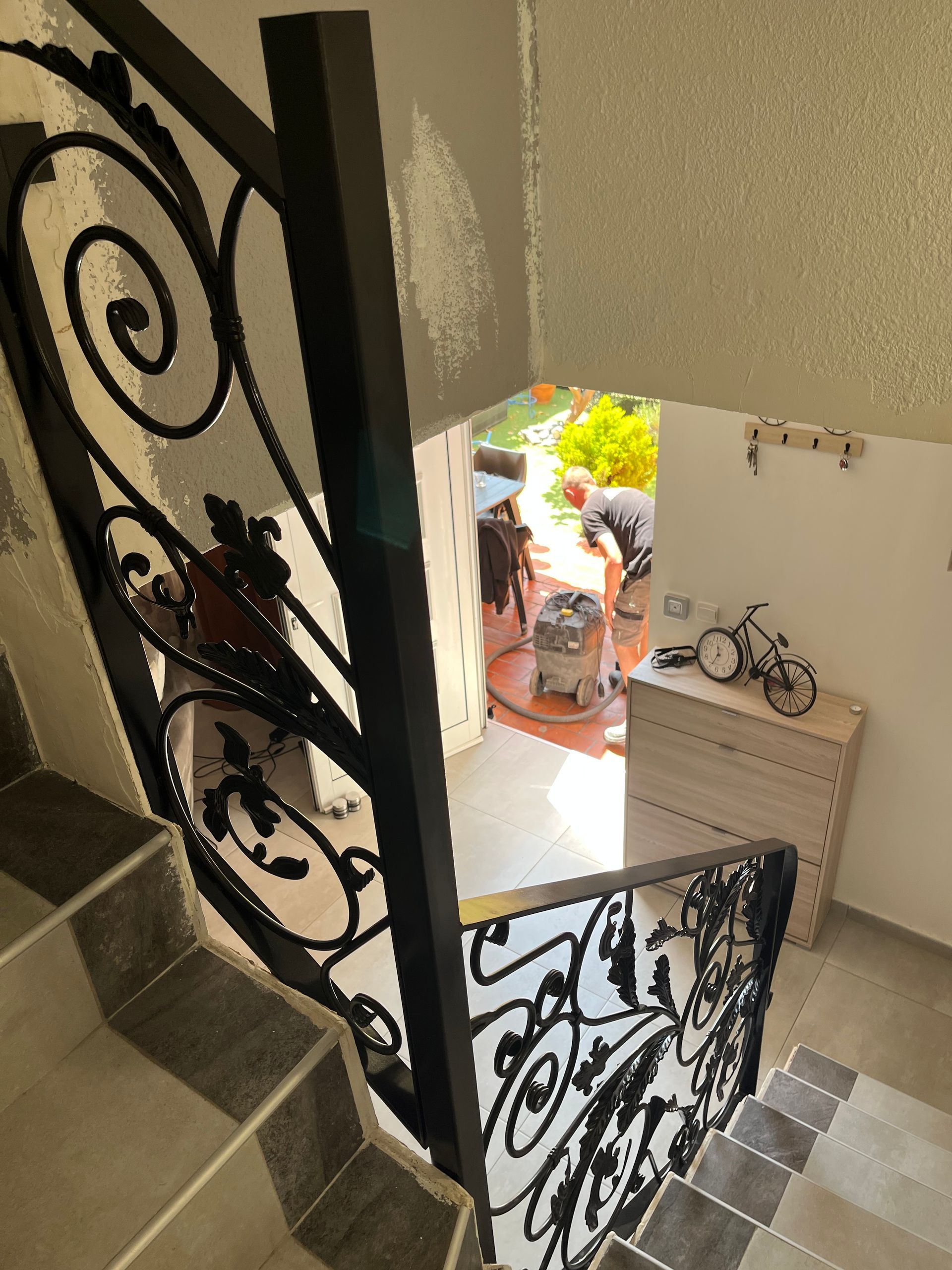 Rampe d'escalier en fer avec des motifs de fleurs et de volutes