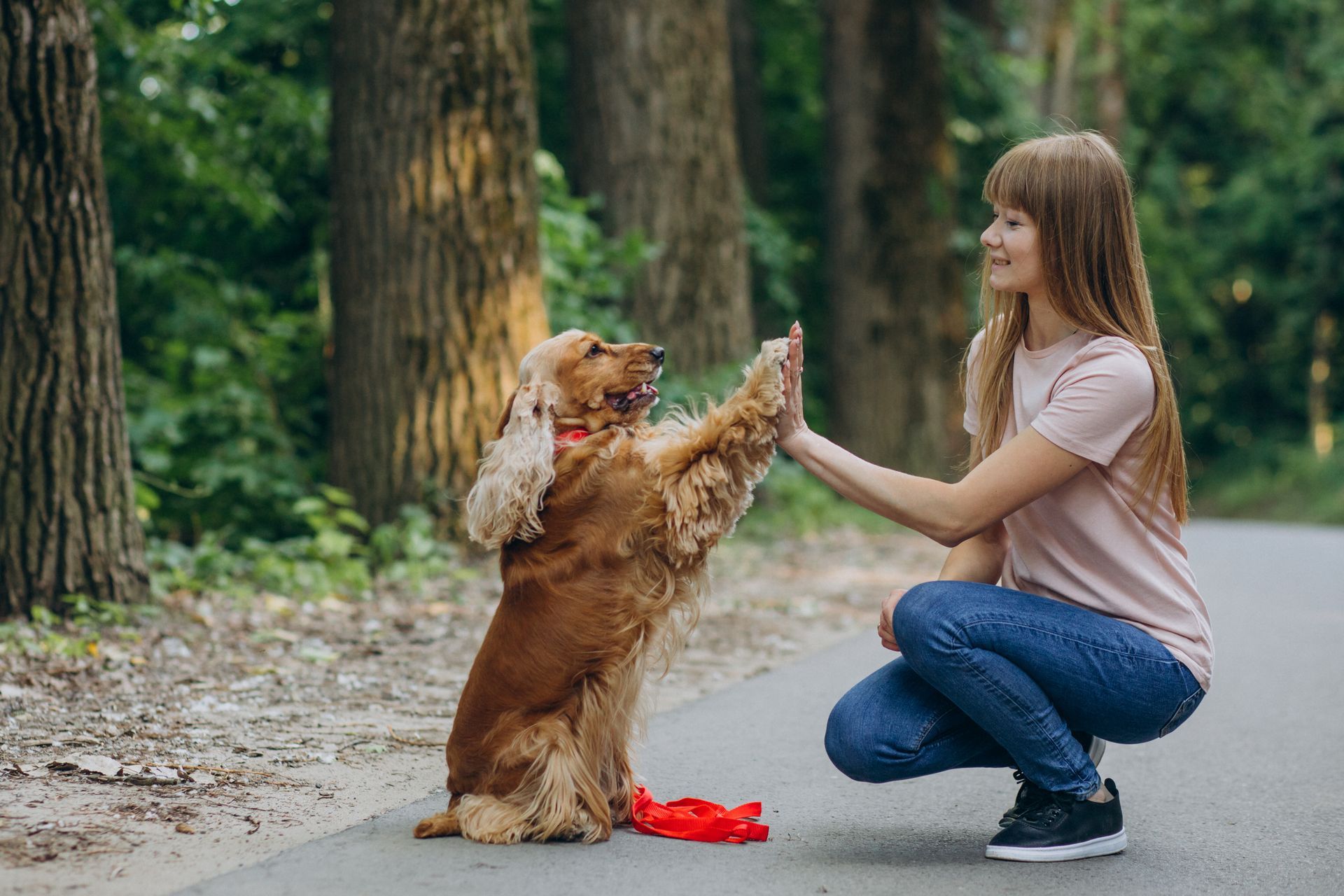 Une femme qui joue avec son chien