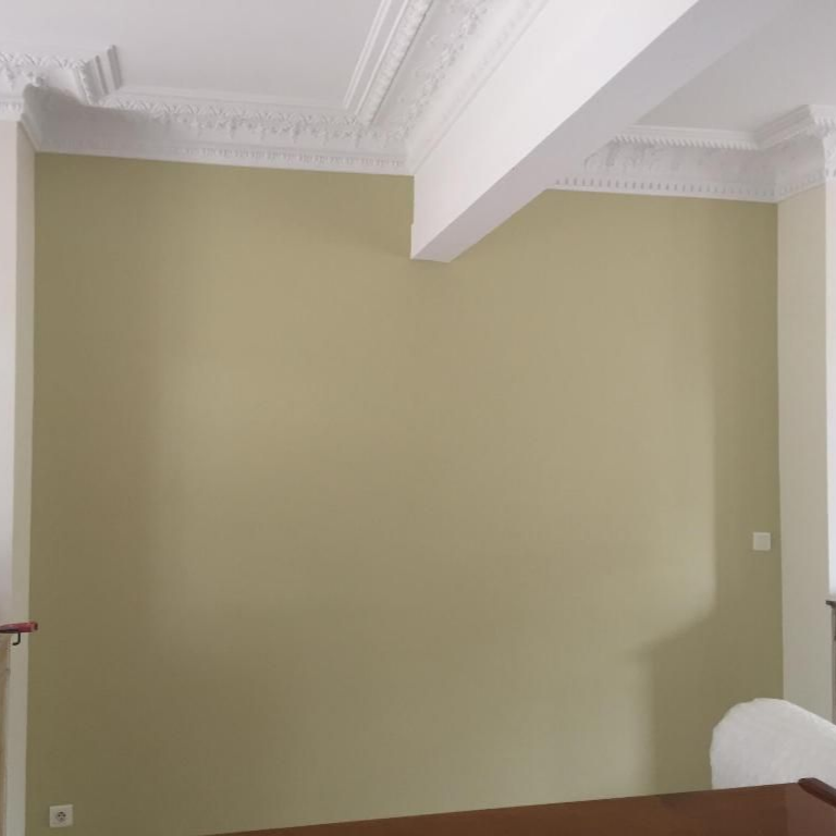 Une pièce vide aux murs vert clair, aux moulures blanches.