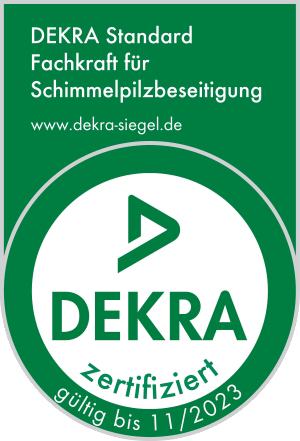 DEKRA-Siegel für Schimmelentfernungsspezialisten. Grüne Plakette mit „DEKRA“ und „zertifiziert“ („zertifiziert“) und Ablaufdatum 11/2023.