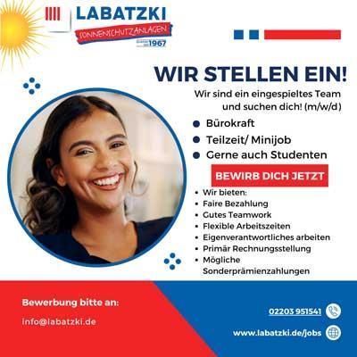 Stellenanzeige: Labatzki stellt Bürokraft ein, Teilzeit, Minijob. Lächelnde Frau, rot/blaues Design.