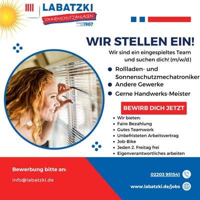Job ad for LABATZKI: hiring Rollladen- und Sonnenschutzmechatroniker, other trades, and skilled craftspeople. Woman looking through blinds.