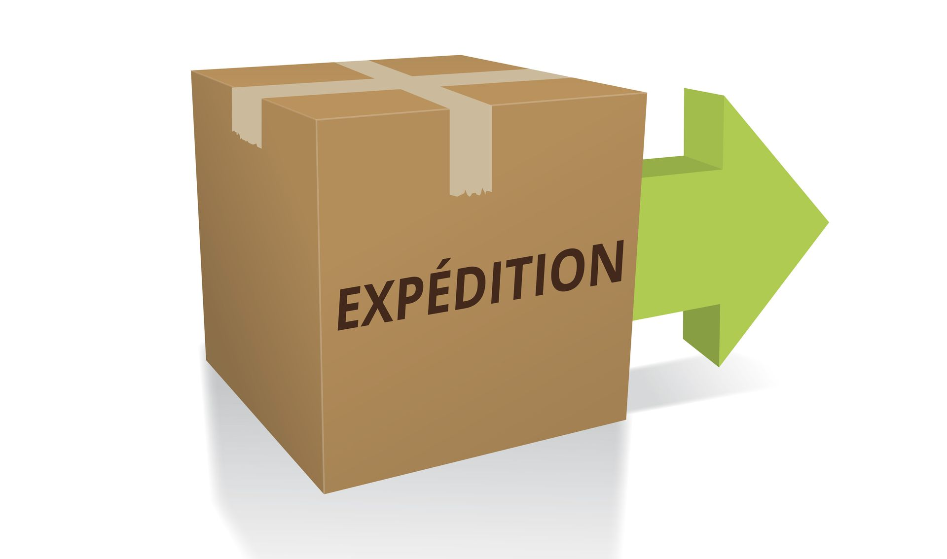 Carton d’expédition portant la mention EXPÉDITION et une flèche pointant vers la droite.