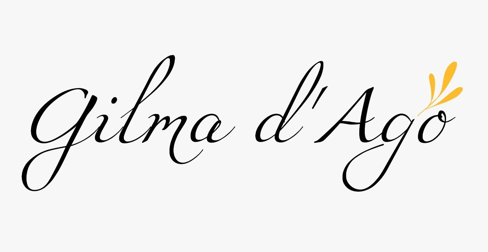 Gilma d'Ago en écriture cursive, avec une petite feuille.