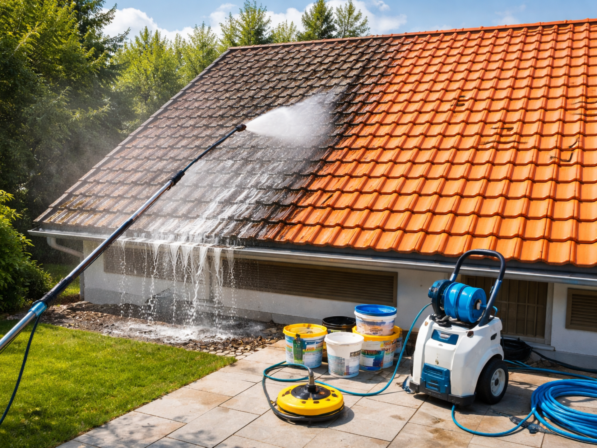 Un bâtiment en construction avec des échafaudages autour et un ciel bleu en arrière-plan.