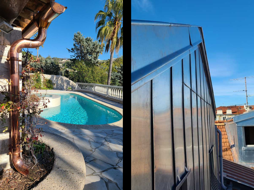 Une photo d'une piscine à côté d'une photo d'un bâtiment.