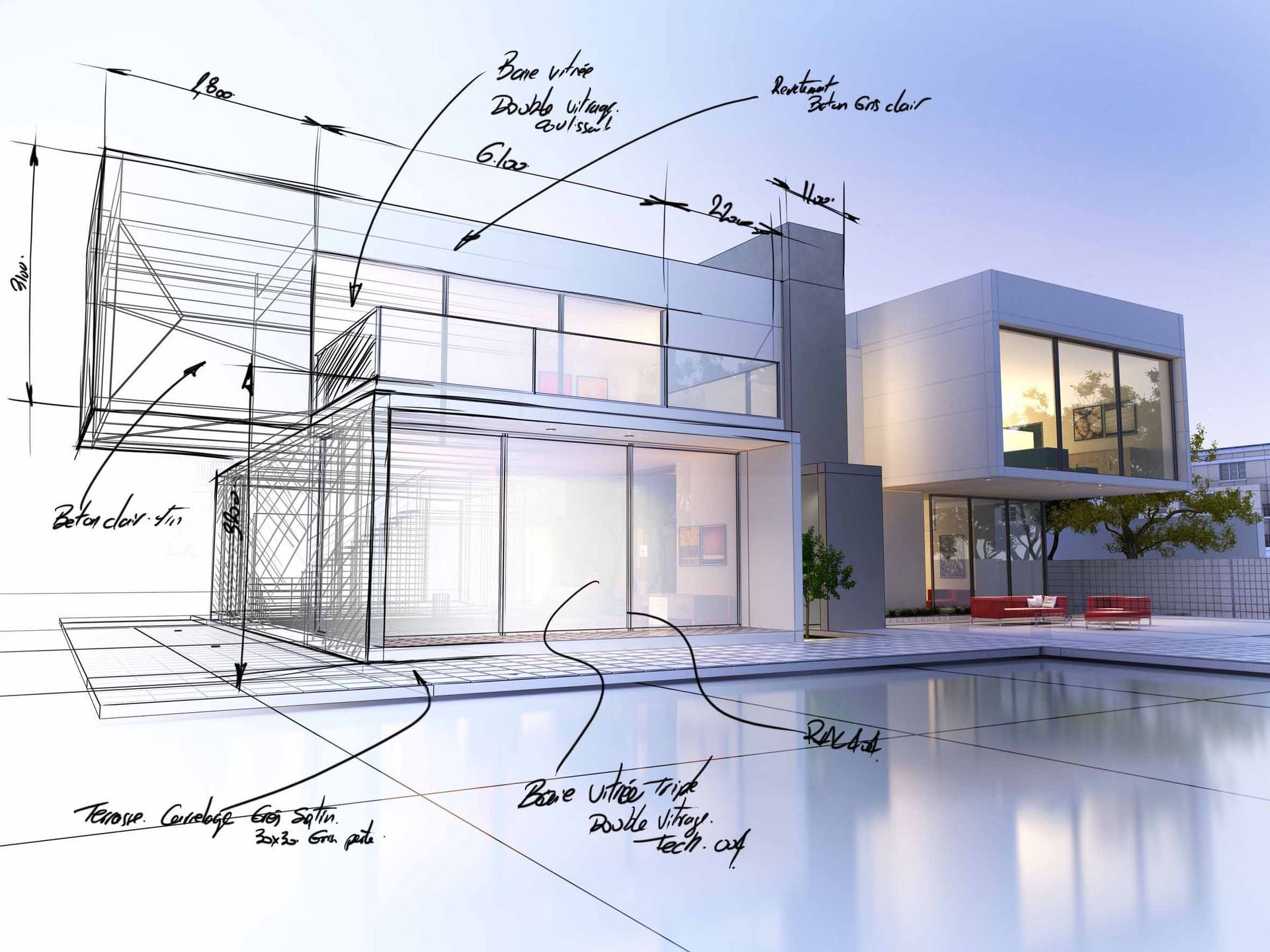 Un dibujo de una casa moderna con una piscina delante de ella.
