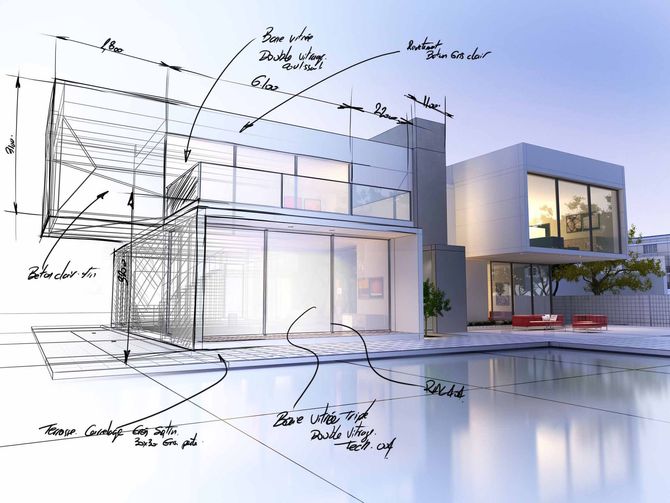 Un dibujo de una casa moderna con una piscina delante de ella.