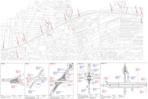 Un dibujo en blanco y negro de una ciudad con muchas carreteras y edificios.