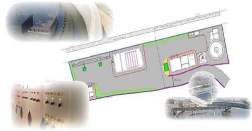 Un dibujo de un edificio con muchas ventanas y un techo verde.