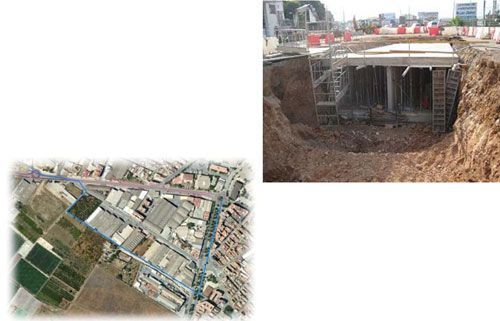 Una vista aérea de un sitio de construcción y una imagen de un edificio en construcción.