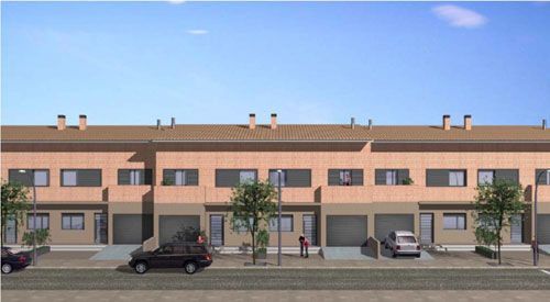 Impresión artística de una hilera de casas con coches aparcados delante de ellas.