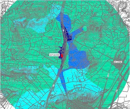 Un mapa de una ciudad con un círculo azul y verde alrededor.