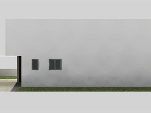 Una representación 3D de una casa blanca con dos ventanas y una puerta.
