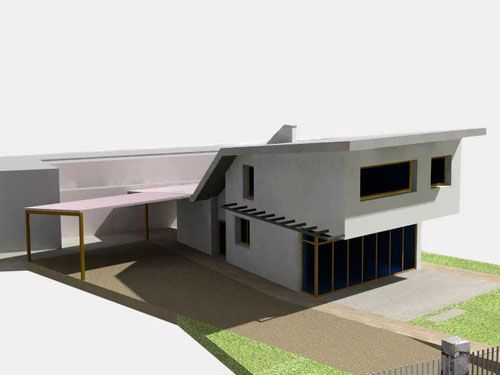 Un modelo 3D de una casa con una valla delante.