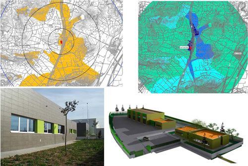 Un mapa de una ciudad, una imagen de un edificio y un modelo 3D de un edificio.
