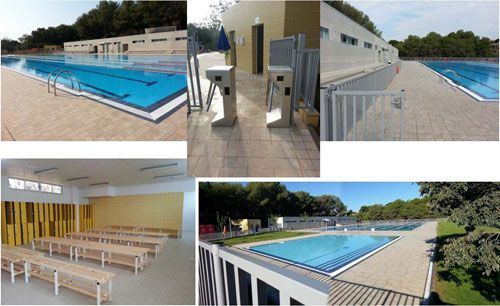 Un collage de fotografías de una piscina