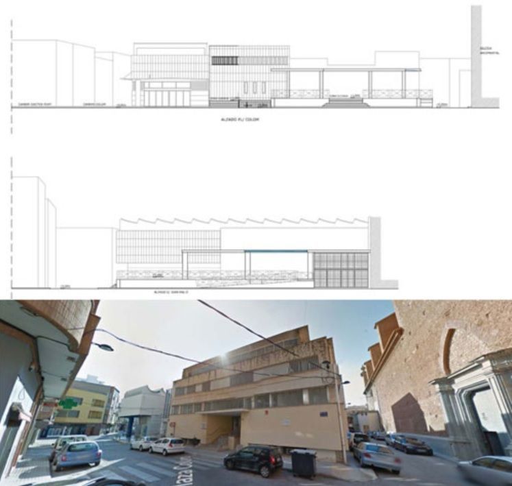 Un dibujo de un edificio y una foto del mismo
