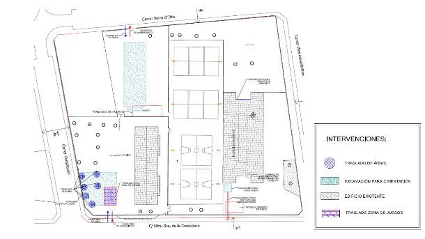 Un dibujo en blanco y negro de un edificio con un cartel que dice intervenciones